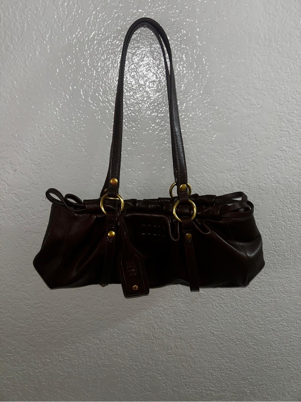 Miu Miu Dark Brown Leather Shoulder Bag with Green Charm - Picture 8 of 10